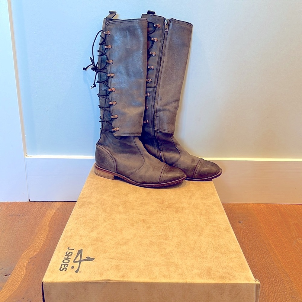J. Shoes Countess Tall Leather Knee High Lace Back Boots Anthro 7